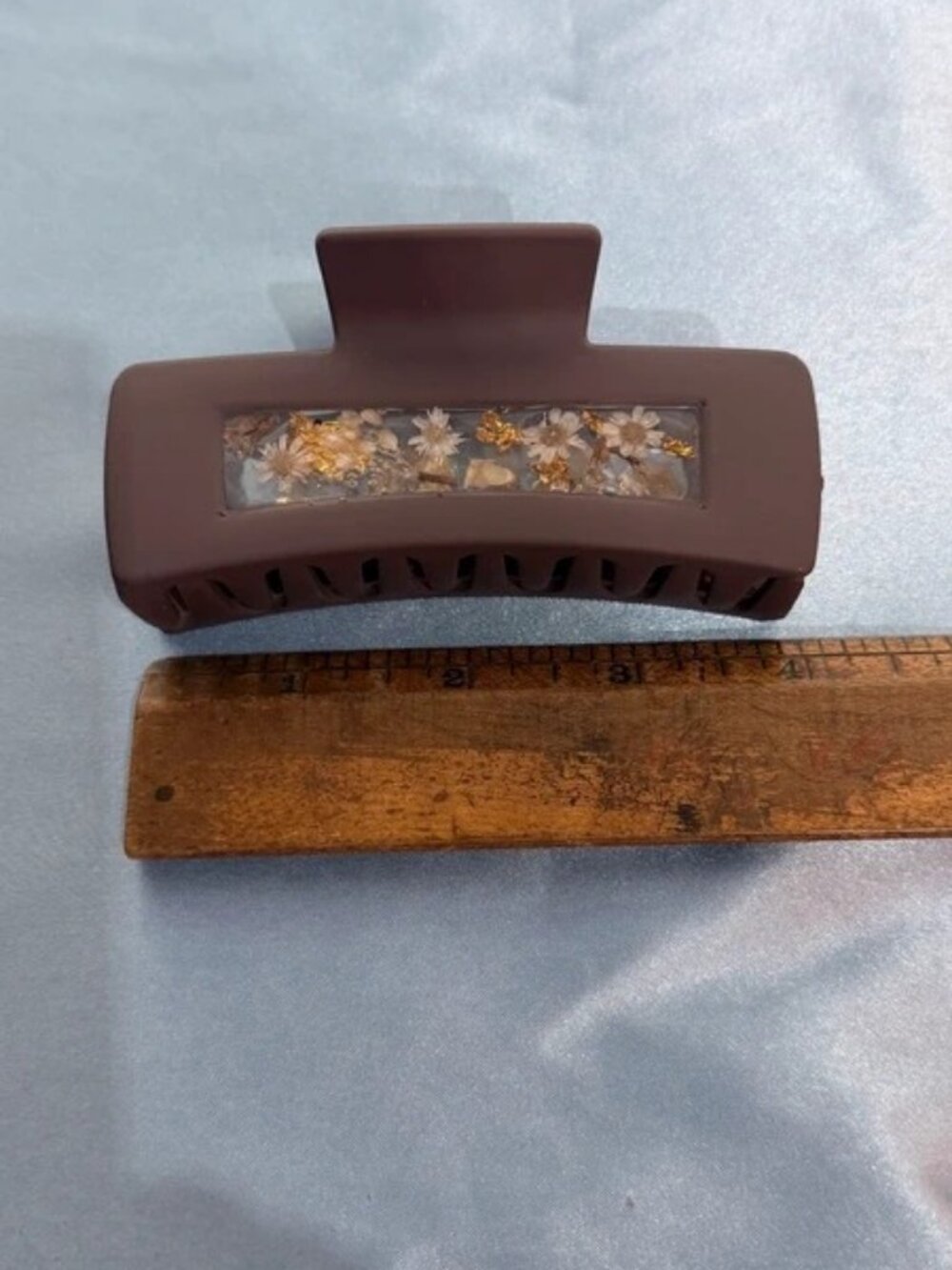 Brown Floral Resin Claw Hair Clip with Dried Flowers Gold Flakes Large